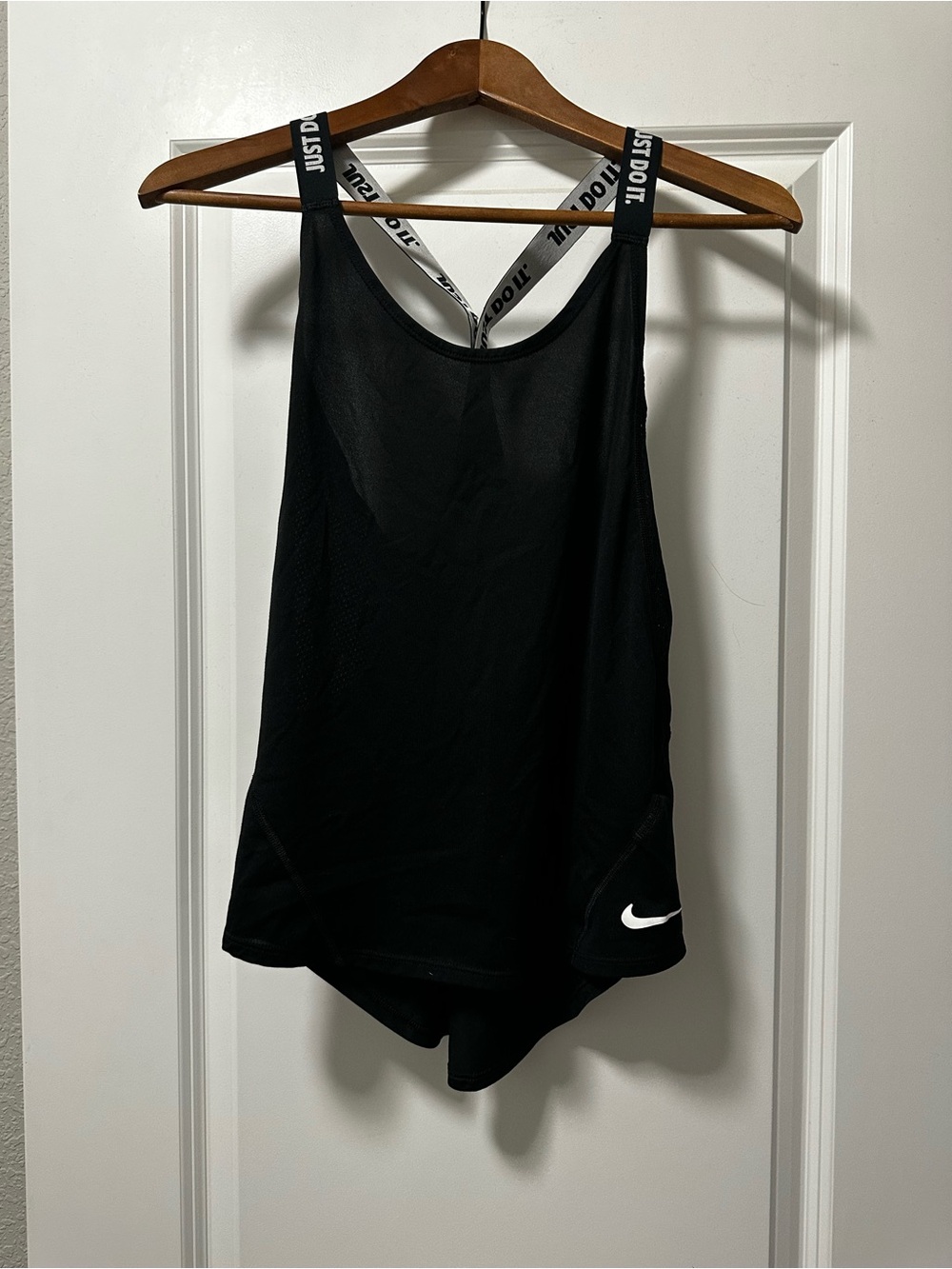 Nike Black Women's Tank with White Swoosh and 'Just Do It' Straps
